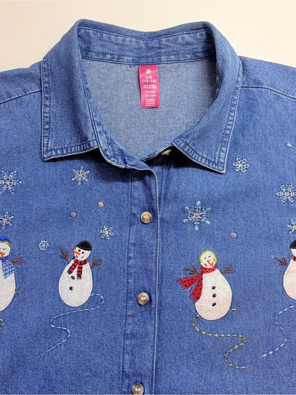 Vintage Basic Editions Denim Christmas Shirt Women Large Snowmen Embroidered L